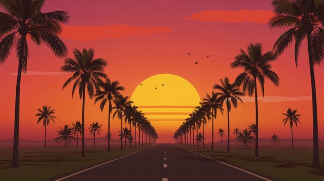 A road lined with palm trees leading to a large sun setting in a vibrant orange sky at dusk