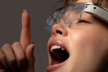 A young female engineer explores a futuristic translucent interface with sleek AR glasses, captured in vibrant cinematic light against a smooth grey background.