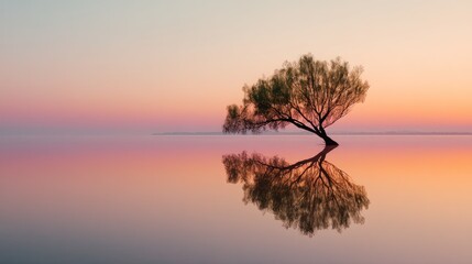 A solitary tree stands on a calm lake at sunset, its reflection perfectly mirrored in the water.