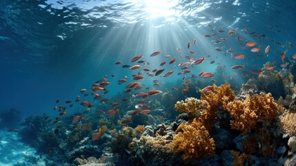 Fototapeta premium A vibrant underwater scene with a school of fish swimming around colorful coral formations, illuminated by sunlight filtering through the water's surface.
