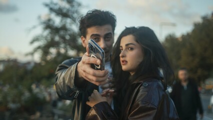 Couple Taking Selfie Outdoors in Urban Setting