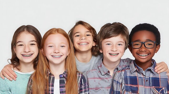group of kids with braces smiling, diverse ethnicities, healthy teeth