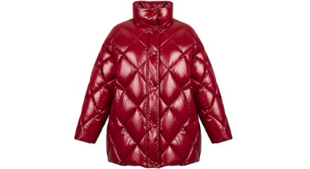 Elegant red quilted puffer coat isolated on black background