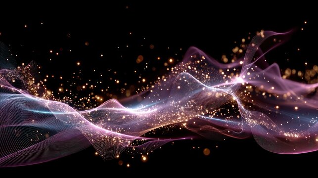 A vibrant, ethereal wave of pink and purple light with scattered golden particles against a black background, evoking a sense of magic and mystery.