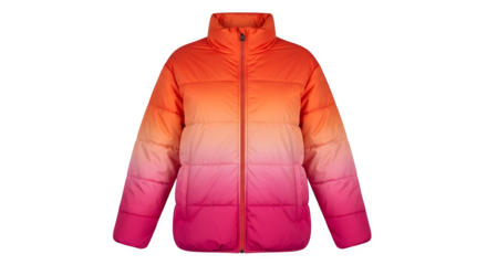 Gradient puffer jacket in orange and pink on black background