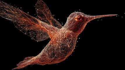 Fototapeta premium A 3D rendered hummingbird with intricate wireframe structure, flying against a black background with glowing points, evoking a sense of motion and energy.