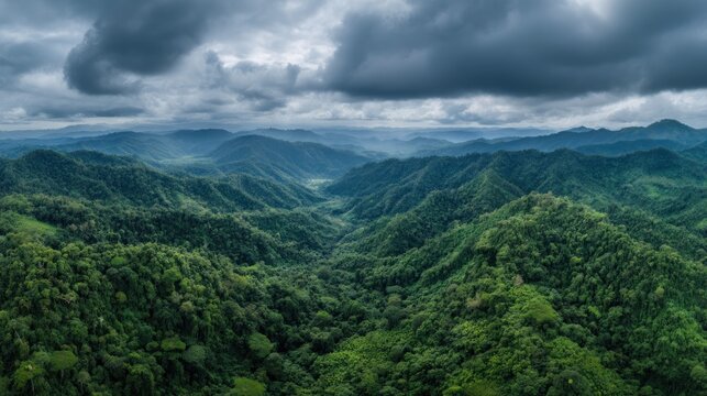 A breathtaking aerial view of a lush, green mountain range with a dramatic sky filled with dark clouds, creating a dramatic and serene atmosphere.