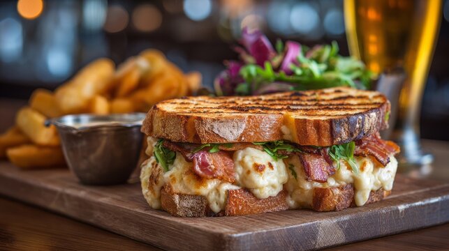 Rustic gourmet bacon cheese sandwich with crispy bacon and melted cheddar on artisan toasted bread styled on a wooden table in a warm cozy pub setting for comfort food photography and restaurant menu 