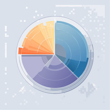 Vector illustration of a colorful 3d pie chart and abstract business diagram concept featuring a circular radar graph and clock icon design