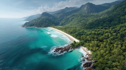 A breathtaking aerial view of a pristine tropical beach with turquoise waters and lush greenery, featuring a sandy beach, rocky shoreline, and a mountainous backdrop under a clear blue sky.