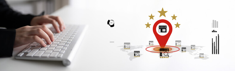 Local business ranking concept highlights brand visibility, location optimization, and customer...