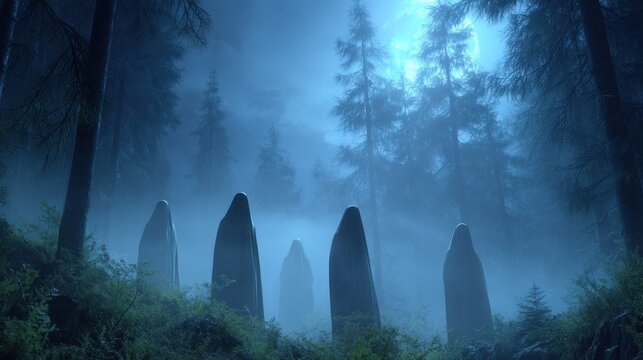 A group of five hooded figures standing in a misty forest, their faces obscured by their cloaks. The figures are surrounded by tall, dark trees and a mysterious, ethereal atmosphere.