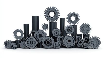 Industrial Gears and Cylinders Arrangement on Bright Background