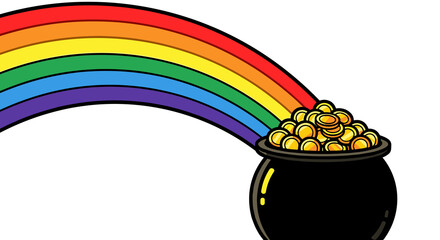 Rainbow stripe ending in a pot of golden coin circles, vibrant multicolor design, symbolizing luck and prosperity