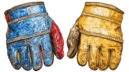 Vintage Work Gloves in Blue and Yellow Colors on White Background