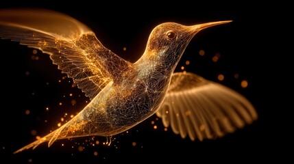 Fototapeta premium A golden hummingbird with intricate details, flying against a black background with glowing particles.