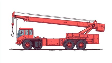 Red Crane Vehicle with Extended Boom for Construction Work