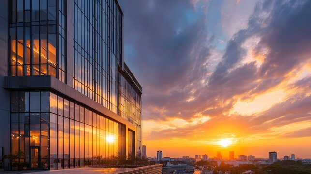 Modern office building facade reflects brilliant sunset colors above distant cityscape - Powered by Adobe
