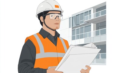 Construction Worker with Safety Gear and Building Plans