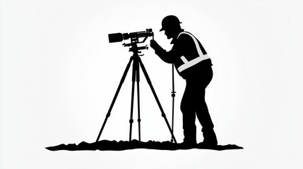 Silhouette of a Surveyor Using a Total Station on a White Background