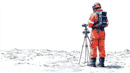 Researcher in Orange Suit on Snowy Landscape with Tripod Equipment