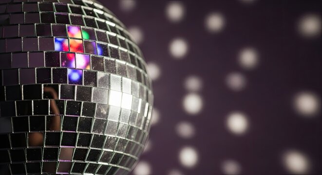 Shiny party ball reflects colors, party mood grows, party night begins