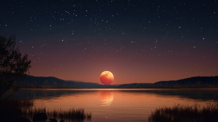 A stunning, starry night sky over a serene lake with a full moon, reflecting on the calm water, and a silhouette of a tree on the left side of the image.