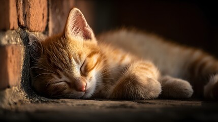 Ginger kitten peacefully naps beside an aged brick surface with dramatic lighting