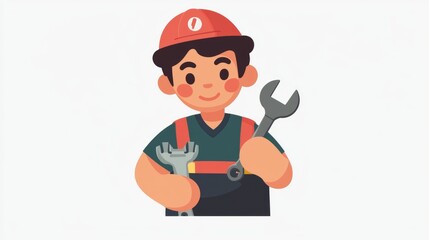 Young Mechanic Smiling with Tools in Hands and Red Cap
