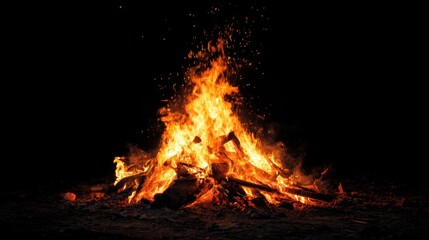 A large, bright orange fire with sparks flying, surrounded by dark, black surroundings. The fire is the central focus, with a dark background that contrasts with the bright flames.