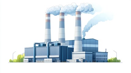 Modern Industrial Power Plant with Emission Stacks and Blue Structure