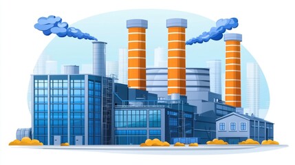 Industrial Factory Building with Smokestacks and Clouds Above