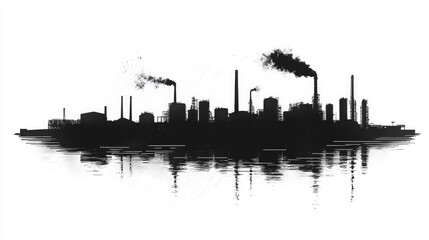 Silhouette of Industrial Landscape with Smokestacks and Reflection