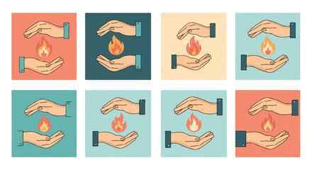 Hands holding fire in different color backgrounds