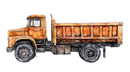 Vintage Hand-Drawn Orange Dump Truck with Weathered Texture