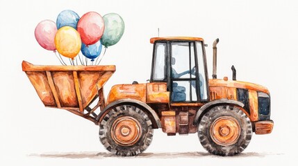 Colorful Balloons on Yellow Tractor in Playful Watercolor Style