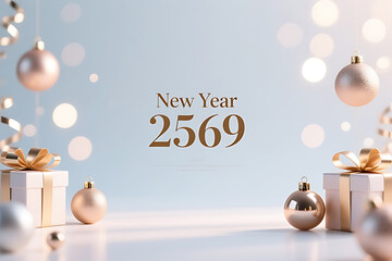 New Year 2569 abstract holiday background with vibrant yet smooth color flow, delicate spark textures, balanced visual rhythm, spacious clean area 
