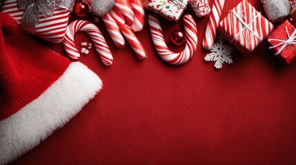 A festive red and white candy cane border with a Santa hat and gift boxes on a red background.