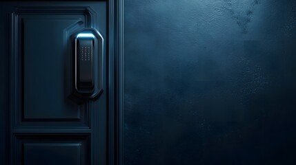 Illuminated futuristic access panel is mounted on a dark paneled entryway next to a textured wall
