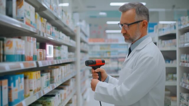 Pharmacist diligently scanning product inventory on shelves with a barcode reader, ensuring precise stock management and efficient operations in a modern pharmacy