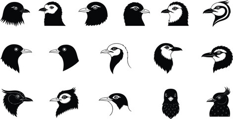 Collection of black and white bird head illustrations in profile and front view vector