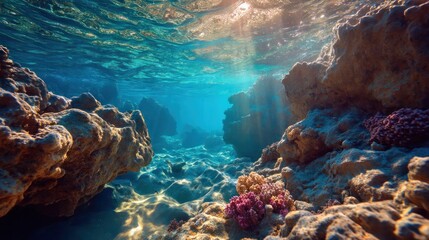 Underwater scene with colorful coral and rocks, sun rays shining through the water, and a variety of marine life.