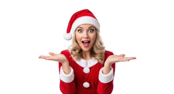 Surprised woman in santa costume with hands out, isolated on transparent background