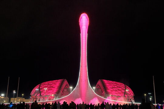 Singing musical fountains with Bowl of the olympic flame Firebird in Sochi at night, Russia
