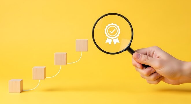 Quality assurance concept with wooden blocks and magnifying glass on yellow