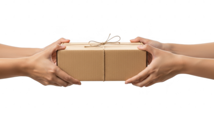 Hands passing a cardboard box isolated on transparent background