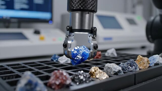 Robotic arm sorting mineral samples in a laboratory