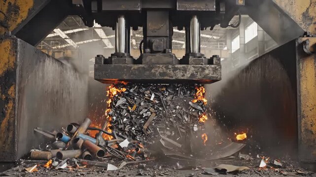 Industrial hydraulic press compacting scrap metal in a factory setting