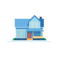 Fototapeta premium Modern Blue House Illustration with Red Door and Green Hedges
