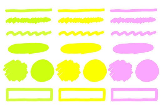 複数色の蛍光マーカーで描かれた手描き風のラインや丸型図形をまとめたデザイン素材集を表現したイラスト｜強調表示やノート装飾に使いやすい独立したベクターのアクセントデザイン